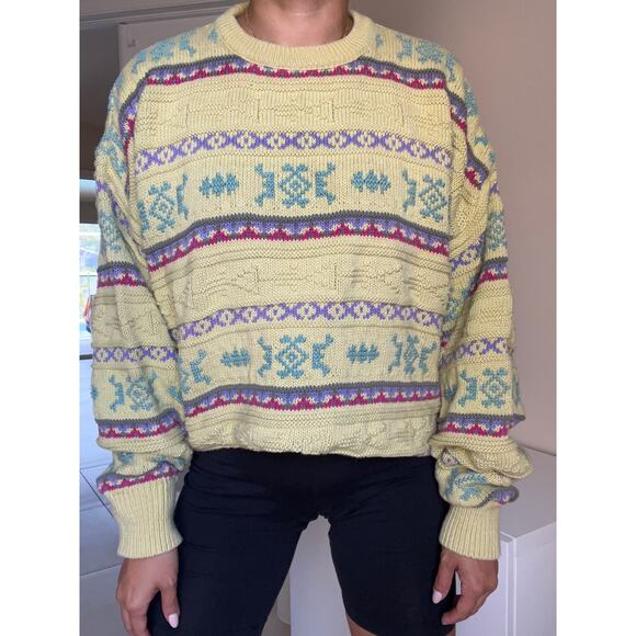 Liz Claiborne Vintage Knit Oversized Sweater Yellow Striped Printed 100% Cotton - Picture 1 of 8